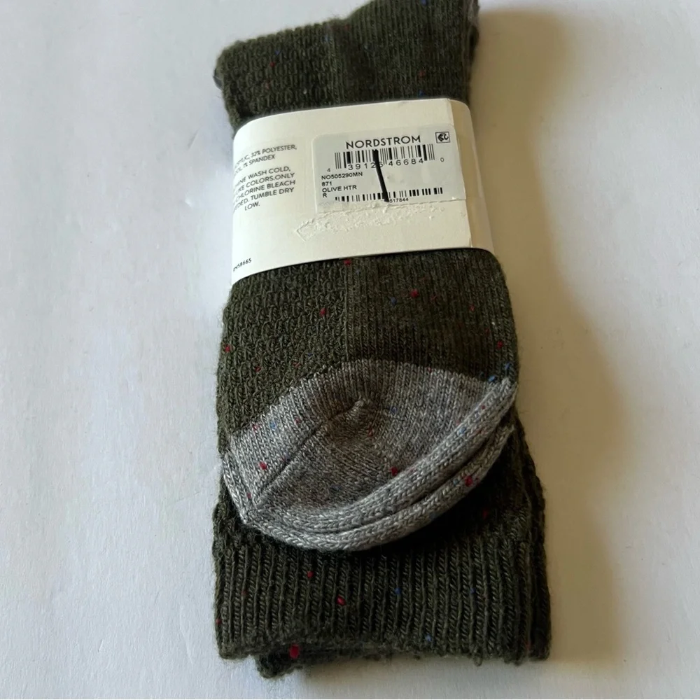 NORDSTROM MENS CREW SOCKS ACRYLIC/WOOL BLEND OLIVE HEATHER OS NWT